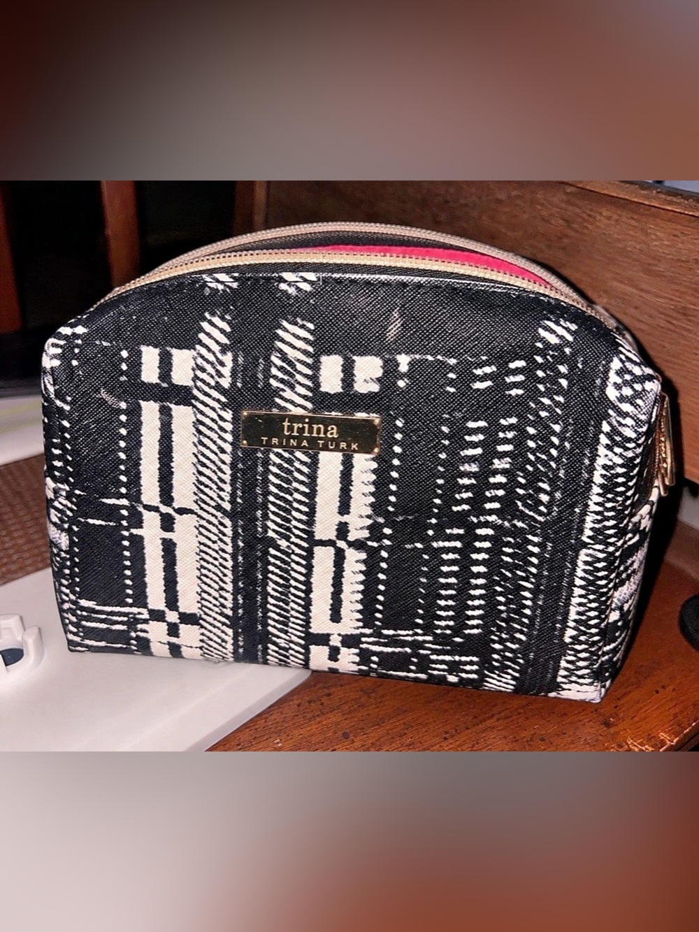 Trina Turk Black and White Abstract Geometric Cosmetic Makeup Bag